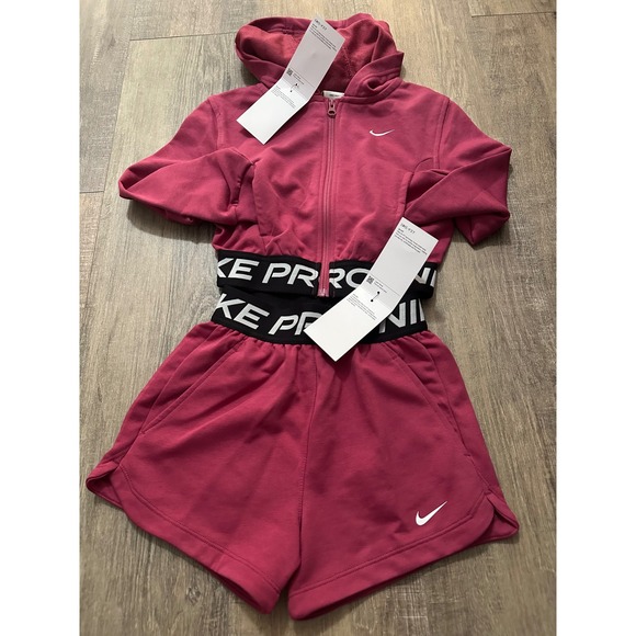 Nike Pro Dri-FIT Crop Hoodie & Shorts Set Girls XS Athletic Activewear - Picture 5 of 8